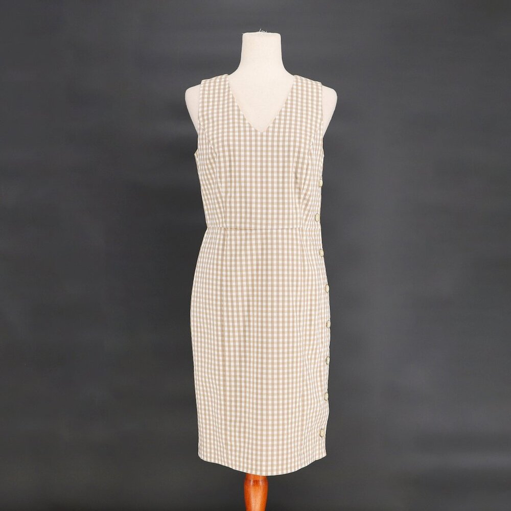 J. MCLAUGHLIN Paulson Gingham Side-Button Detail Sheath Dress Tan/White Size 6
